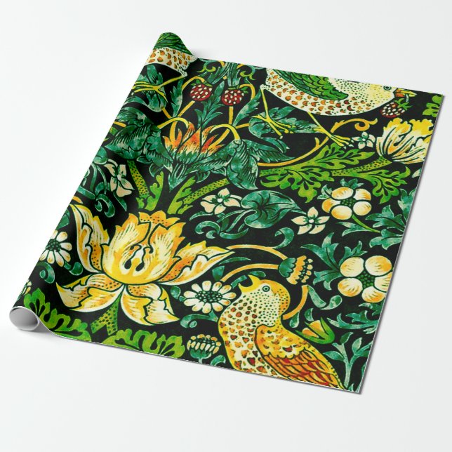 William Morris Strawberry Thief Green And Orange Presentpapper (Utrullad)