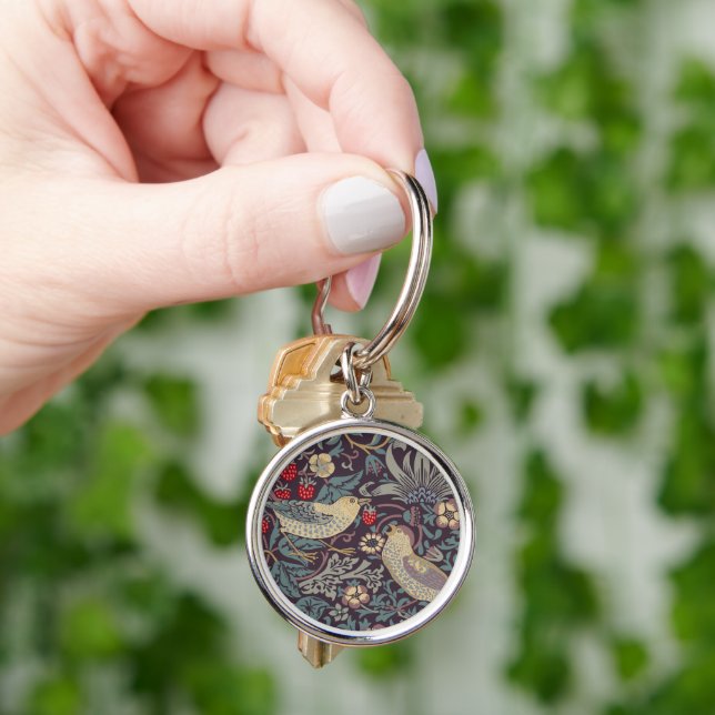 William Morris Strawberry Thief Keychain Rund Silverfärgad Nyckelring (Hand)