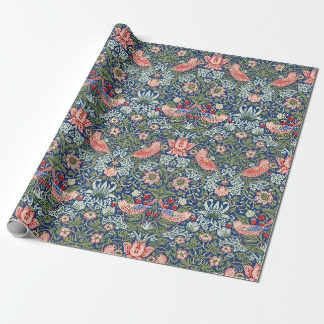 William Morris Strawberry Thief Navy Coral Presentpapper (Utrullad)