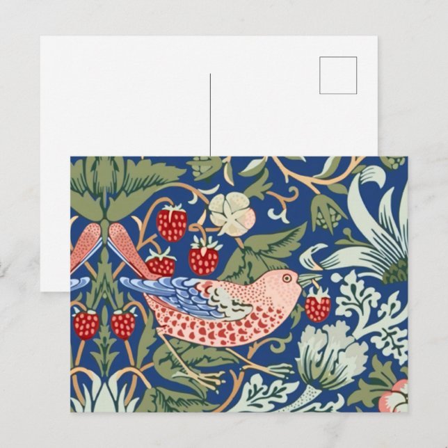 William Morris Strawberry Thief Navy Coral Vykort (Fram/baksida)