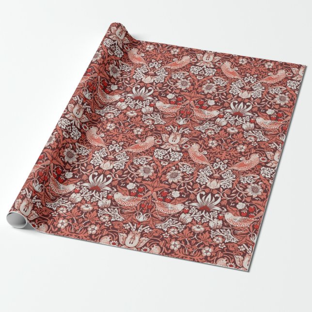 William Morris Strawberry Thief Terrakotta Fågel Presentpapper (Utrullad)