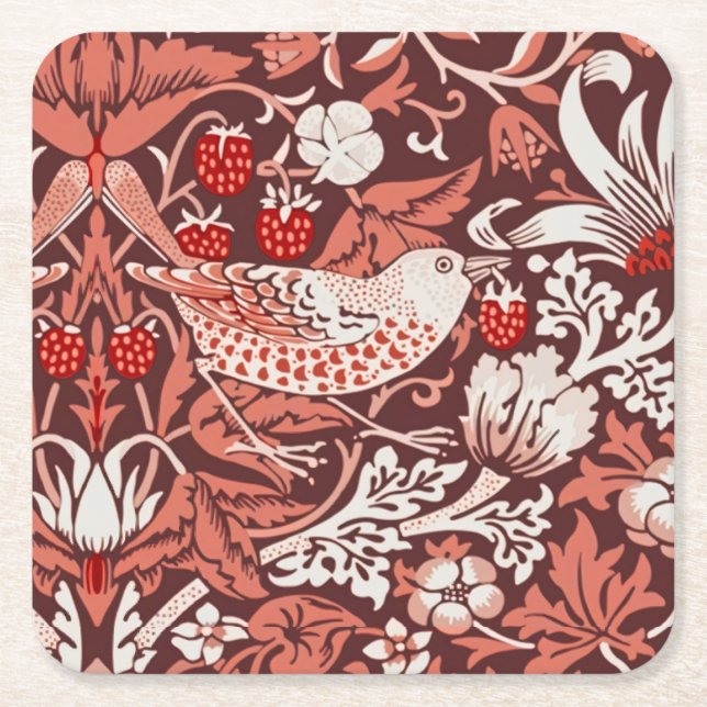 William Morris Strawberry Thief Terrakotta Fågel Underlägg Papper Kvadrat (Framsidan)