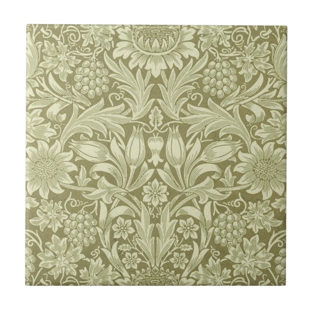 William Morris Sunflower Vintage Oliv Damast Kakelplatta (Framsidan)