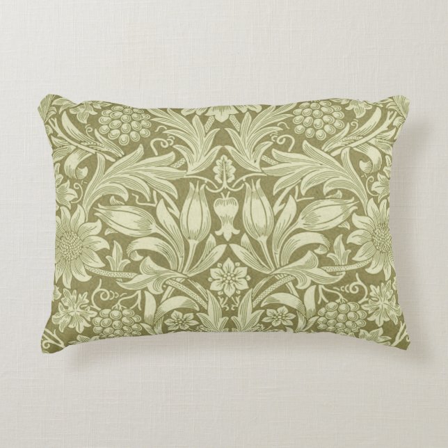 William Morris Sunflower Vintage Oliv Damast Prydnadskudde (Framsidan)