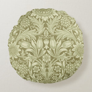 William Morris Sunflower Vintage Oliv Damast Rund Kudde
