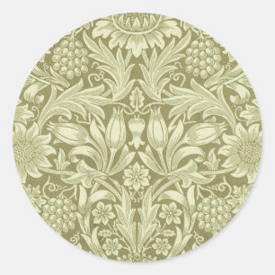 William Morris Sunflower Vintage Oliv Damast Runt Klistermärke