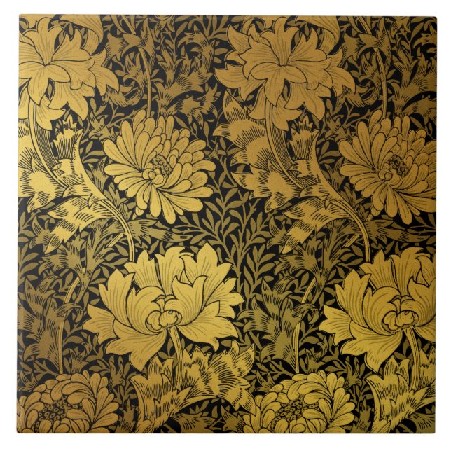 William Morris Svart Och Guld Blommig  Kakelplatta (Framsidan)