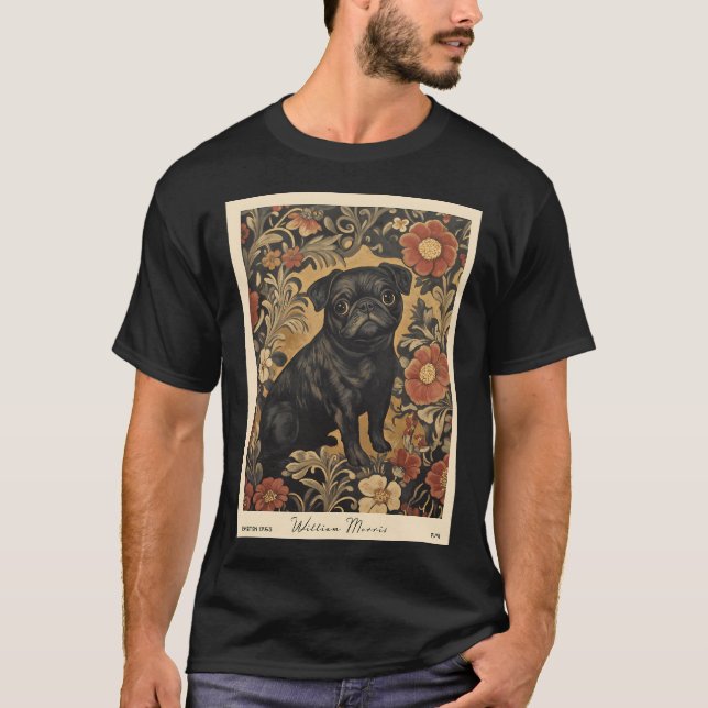 William Morris Svart Pug Blommig T Shirt (Framsida)