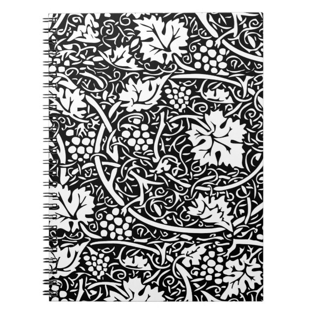William Morris Svart Vitt Druvvinemönster Anteckningsbok Med Spiral (Framsidan)