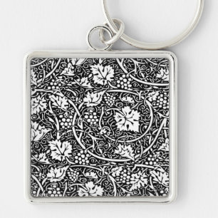 William Morris Svart Vitt Druvvinemönster Fyrkantig Silverfärgad Nyckelring