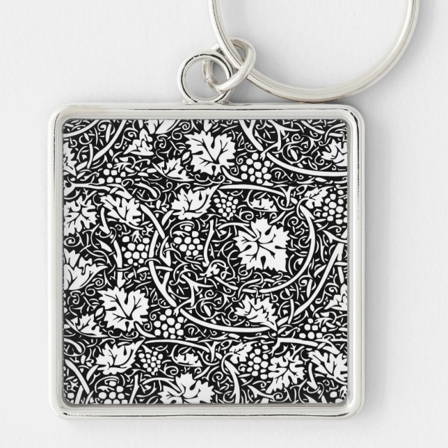 William Morris Svart Vitt Druvvinemönster Fyrkantig Silverfärgad Nyckelring (Framsidan)