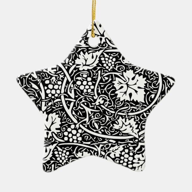 William Morris Svart Vitt Druvvinemönster Julgransprydnad Keramik (Framsidan)