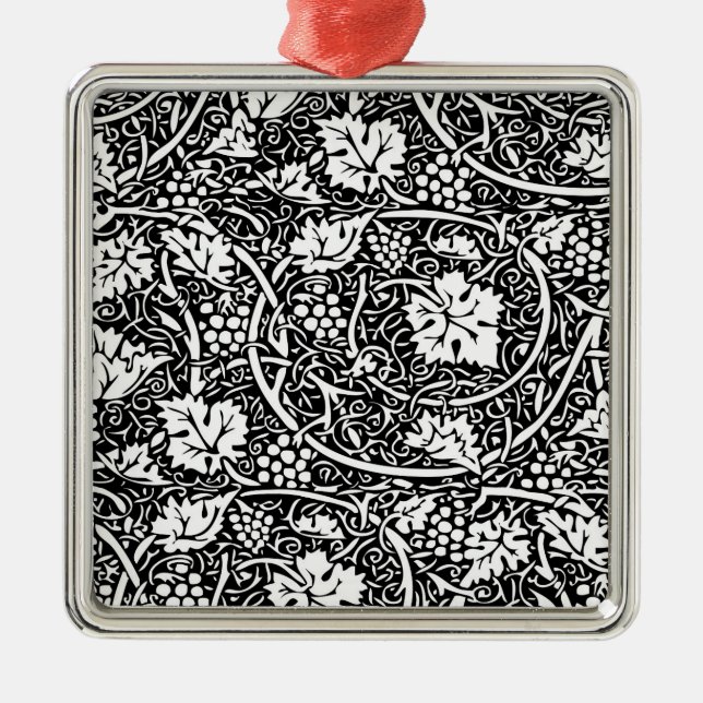 William Morris Svart Vitt Druvvinemönster Julgransprydnad Metall (Framsidan)