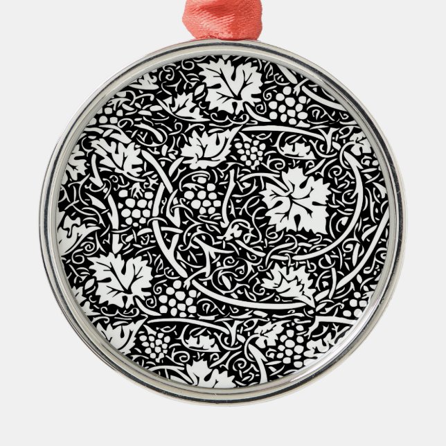 William Morris Svart Vitt Druvvinemönster Julgransprydnad Metall (Framsidan)