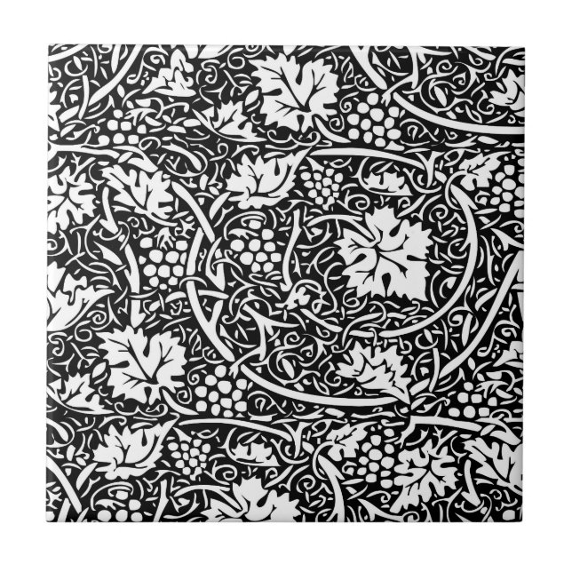 William Morris Svart Vitt Druvvinemönster Kakelplatta (Framsidan)
