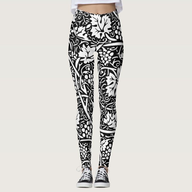 William Morris Svart Vitt Druvvinemönster Leggings (Framsida)