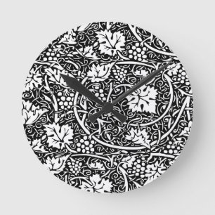 William Morris Svart Vitt Druvvinemönster Rund Klocka