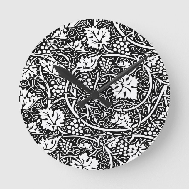 William Morris Svart Vitt Druvvinemönster Rund Klocka (Framsida)