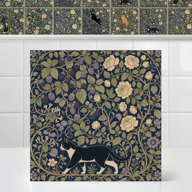 William Morris Svart Vitt Katt Baslinje Tak Båge Kakelplatta (Antique Art Nouveau Pattern William Morris Black White Cat Baseline Canopy Bow Ceramic Tile Mural)