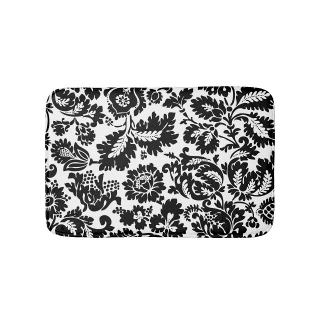 William Morris Svart Vitt Venetianskt Blommönster Badrumsmatta (Framsidan)