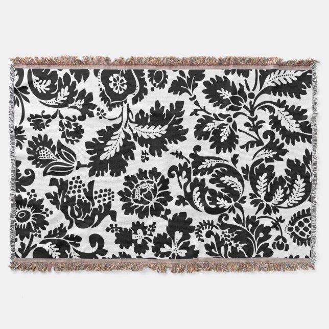 William Morris Svart Vitt Venetianskt Blommönster Mysfilt (Framsidan)