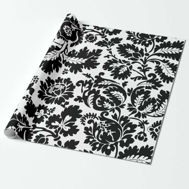 William Morris Svart Vitt Venetianskt Blommönster Presentpapper (Utrullad)
