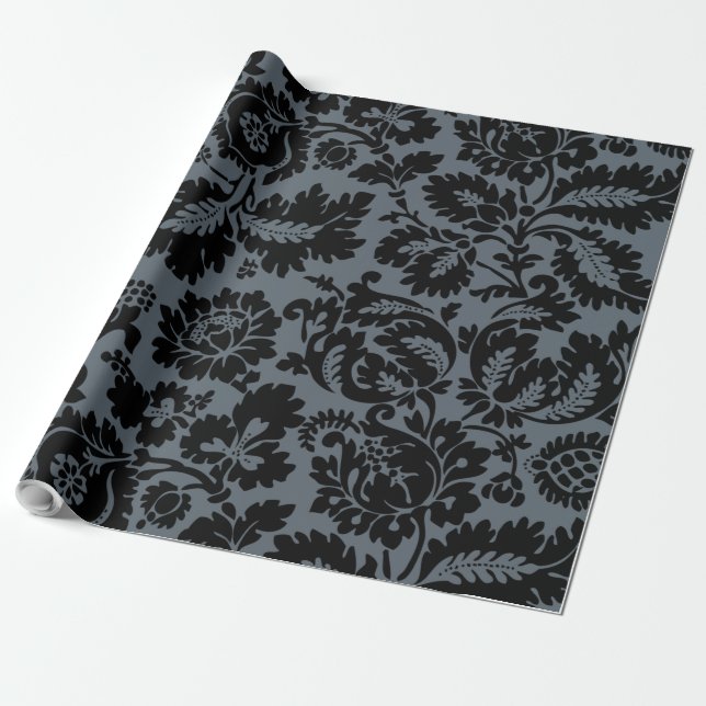 William Morris Svart Vitt Venetianskt Blommönster Presentpapper (Utrullad)