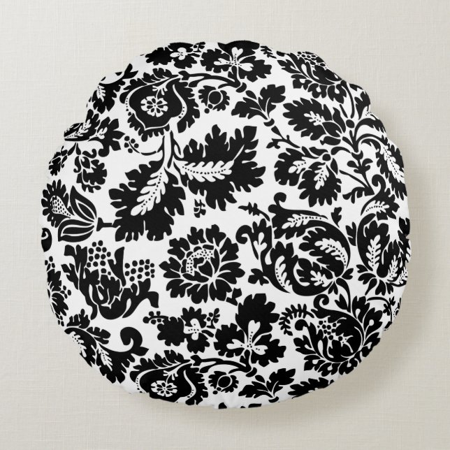 William Morris Svart Vitt Venetianskt Blommönster Rund Kudde (Framsidan)