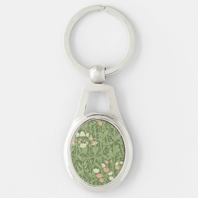 William Morris Sweet Pea Blommigt Design Ovalt Silverfärgad Nyckelring (Framsidan)