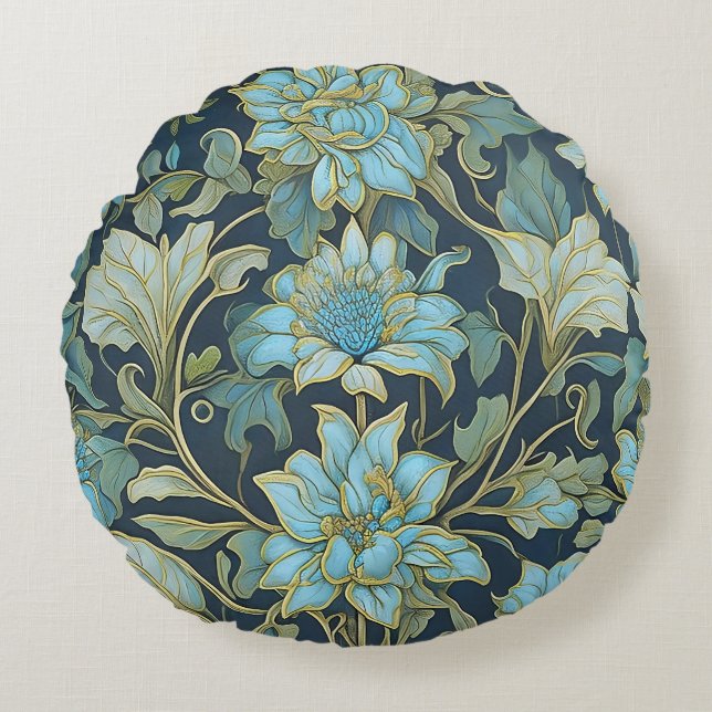 William Morris Teal Blommor Rund Kudde (Framsidan)