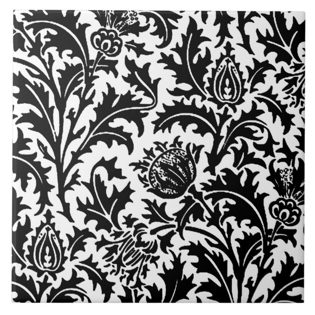 William Morris Thistle Damask, Black on White Kakelplatta (Framsidan)