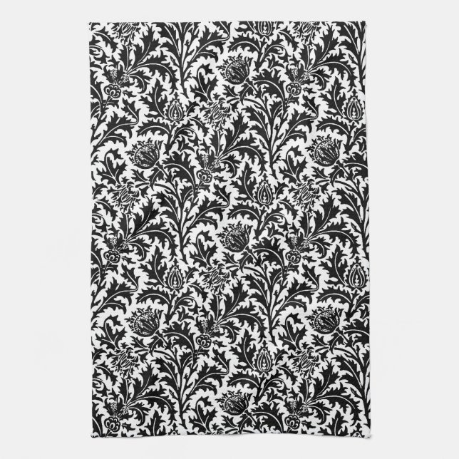 William Morris Thistle Damask, Black on White Kökshandduk (Vertikal)
