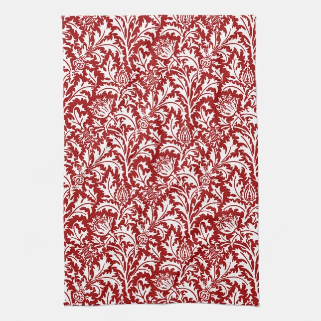 William Morris Thistle Damask, Mörk Red & White Kökshandduk (Vertikal)