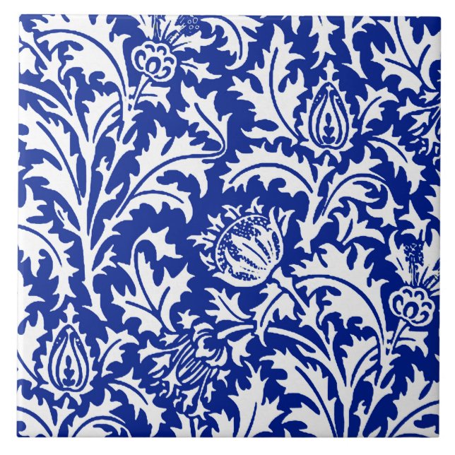 William Morris Thistle Damask White på Cobalt Blue Kakelplatta (Framsidan)
