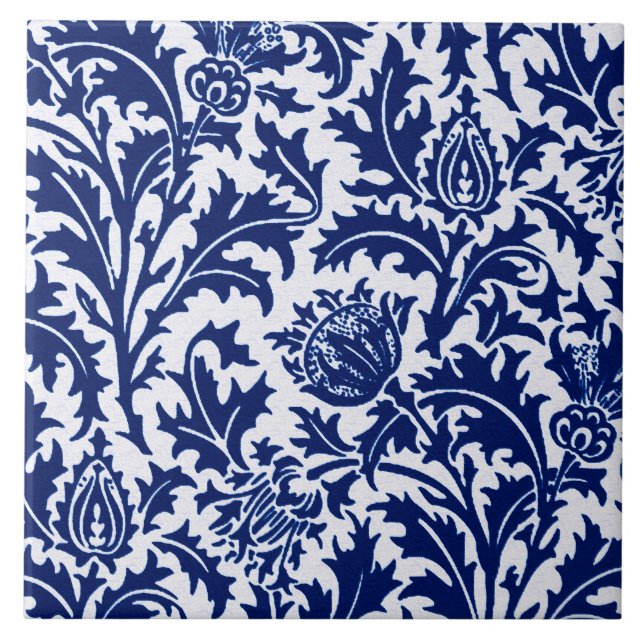 William Morris Thistledamast, koboltblått & vit Kakelplatta (Framsidan)