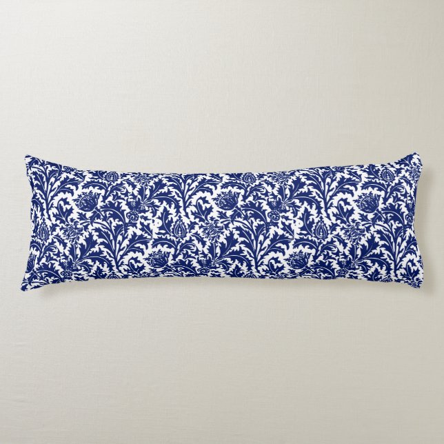 William Morris Tistel Damas Navyblå på Vit Kroppskudde (Framsidan)