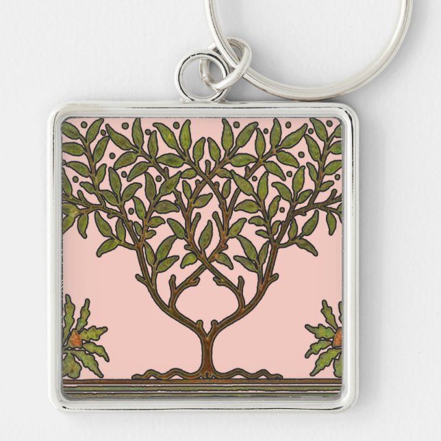 William Morris Träd Fris Blommig Tapet Fyrkantig Silverfärgad Nyckelring (Framsidan)