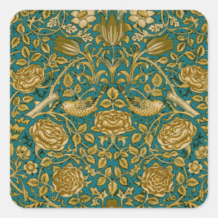 William Morris Tudor Ro Mönster Blue Golden Fyrkantigt Klistermärke