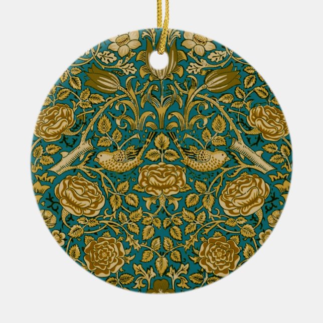William Morris Tudor Rose Mönster Blå Guld Julgransprydnad Keramik (Framsidan)