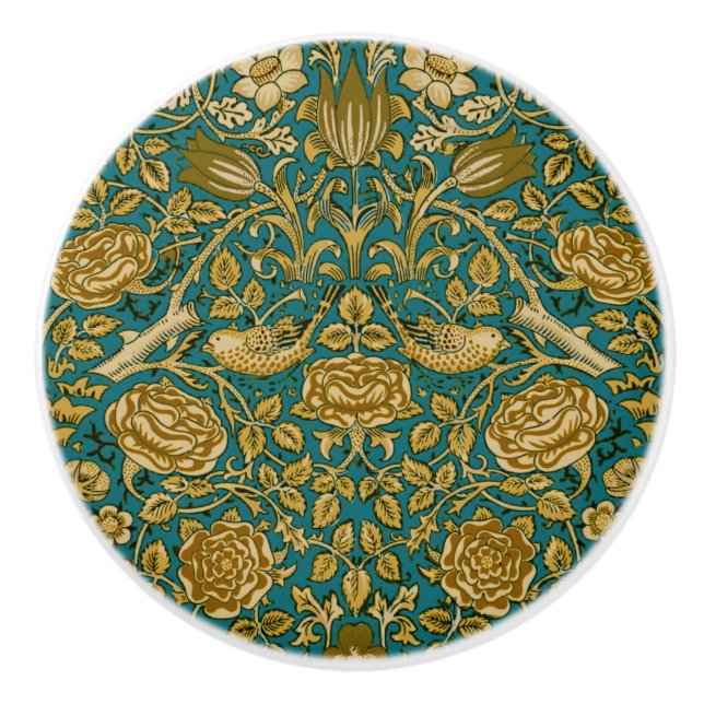 William Morris Tudor Rose Mönster Blå Guld Knopp (Framsidan)