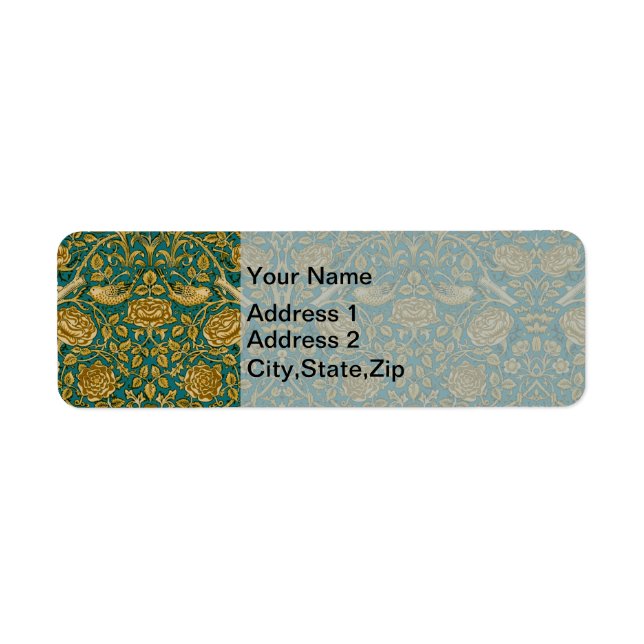 William Morris Tudor Rose Mönster Blå Guld Returadress Etikett (Framsidan)