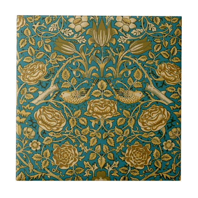 William Morris Tudor Rosmönster Blå Guld Kakelplatta (Framsidan)