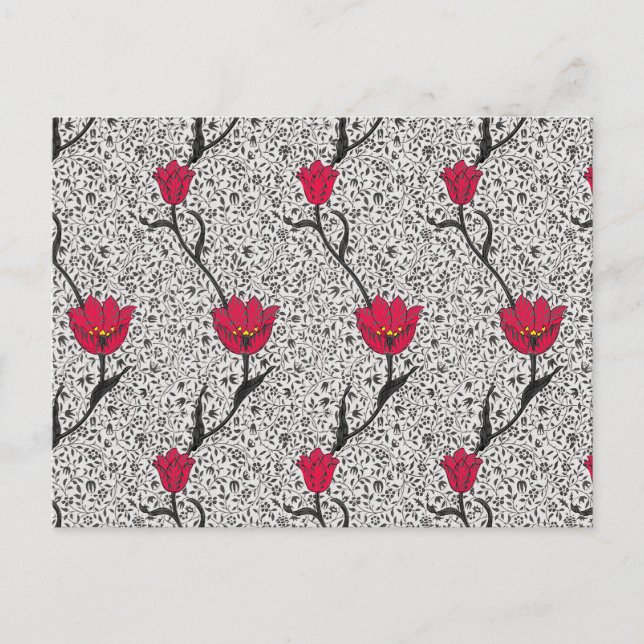 William Morris Tulip Damask, grå och röd vykort (Framsida)