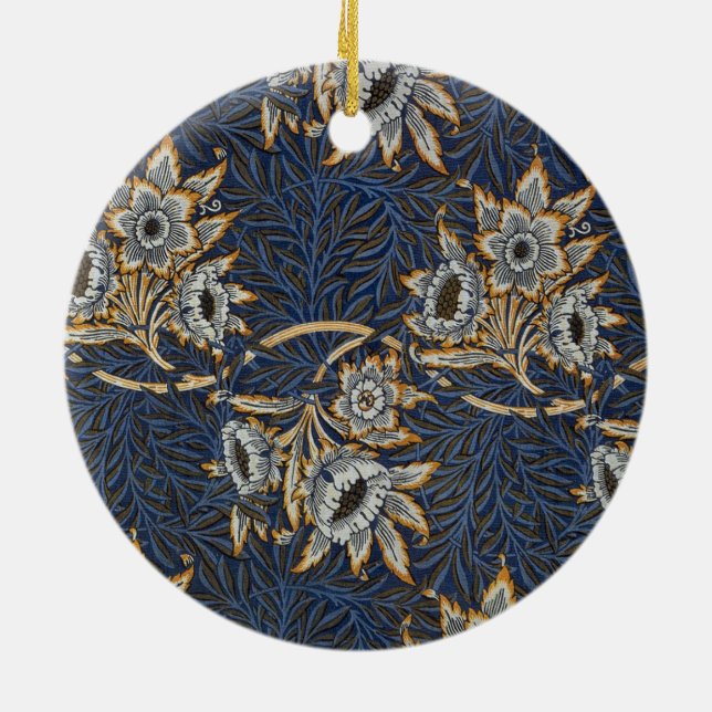 William Morris Tulpan Pilträds Mönster Blå Blommig Julgransprydnad Keramik (Baksidan)