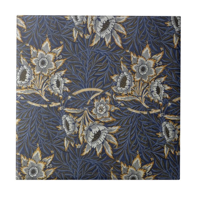William Morris Tulpan Pilträds Mönster Blå Blommig Kakelplatta (Framsidan)