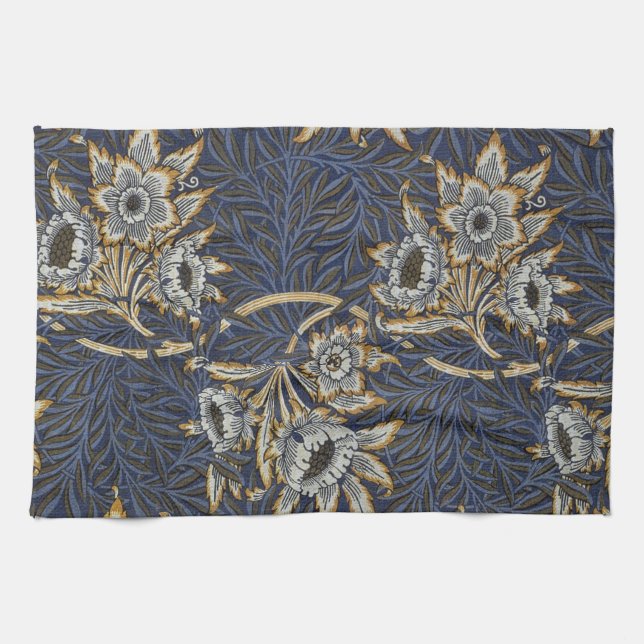 William Morris Tulpan Pilträds Mönster Blå Blommig Kökshandduk (Horisontell)