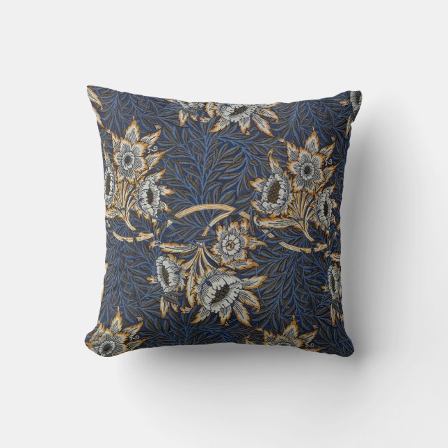 William Morris Tulpan Pilträds Mönster Blå Blommig Kudde (Framsida)