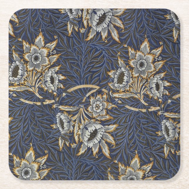 William Morris Tulpan Pilträds Mönster Blå Blommig Underlägg Papper Kvadrat (Framsidan)