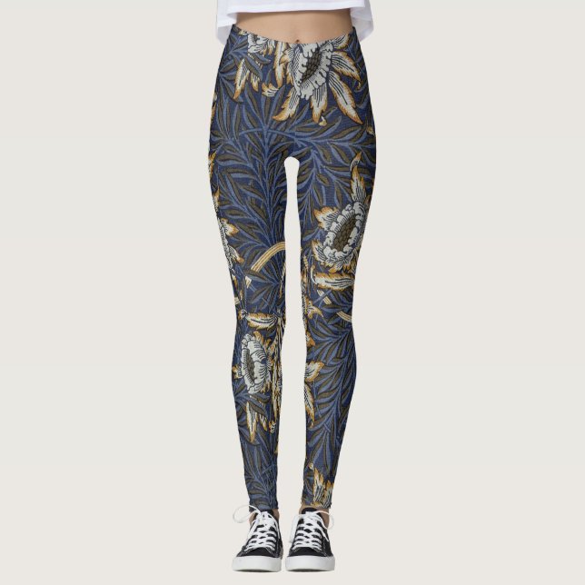 William Morris Tulpan Pilträdsmönster Blå Blommig Leggings (Framsida)