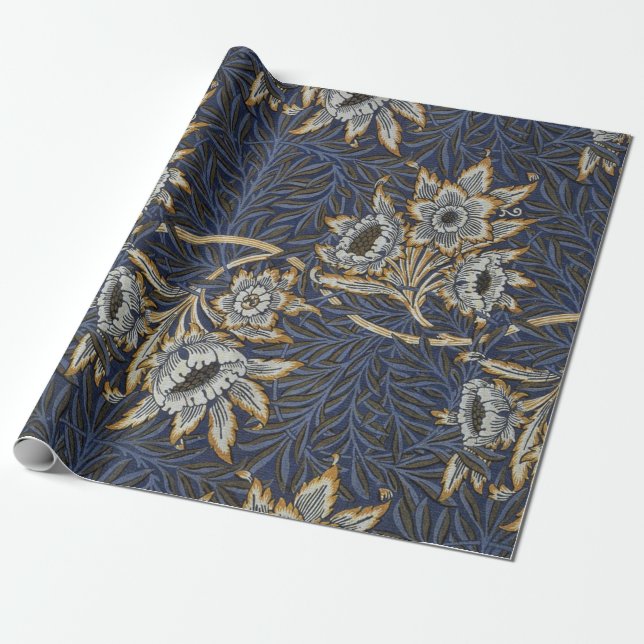 William Morris Tulpan Pilträdsmönster Blå Blommig Presentpapper (Utrullad)